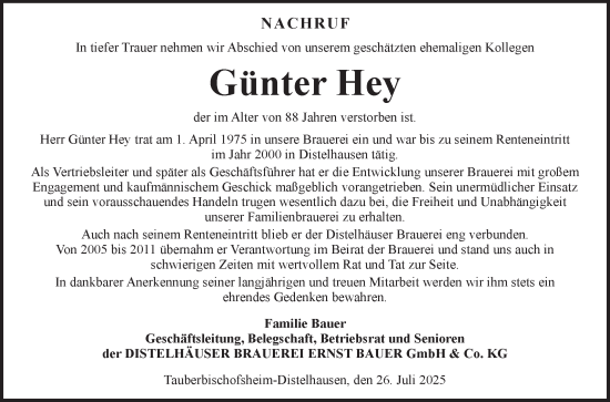 Traueranzeige von Günter Hey von Fränkische Nachrichten
