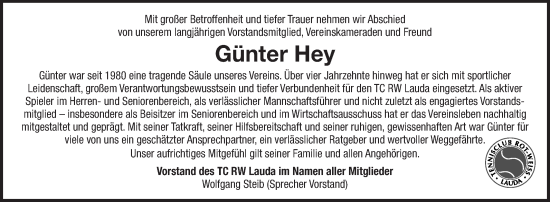 Traueranzeige von Günter Hey von Fränkische Nachrichten