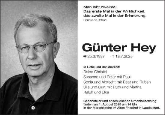 Traueranzeige von Günter Hey von Fränkische Nachrichten