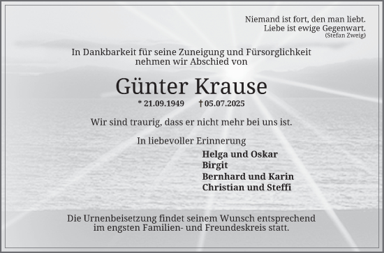 Traueranzeige von Günter Krause von Schwetzinger Zeitung