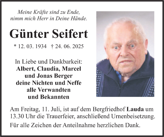 Traueranzeige von Günter Seifert von Fränkische Nachrichten
