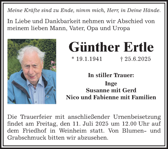 Traueranzeige von Günther Ertle von Mannheimer Morgen