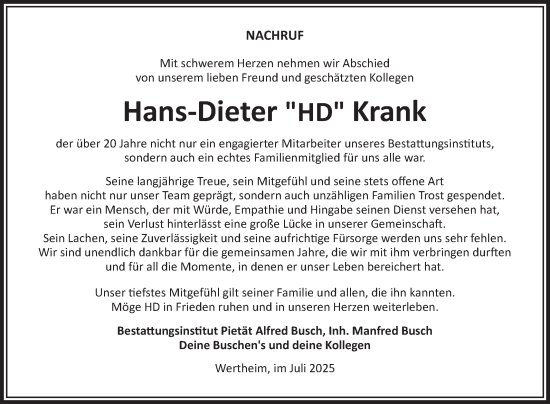 Traueranzeige von Hans-Dieter Krank von Fränkische Nachrichten