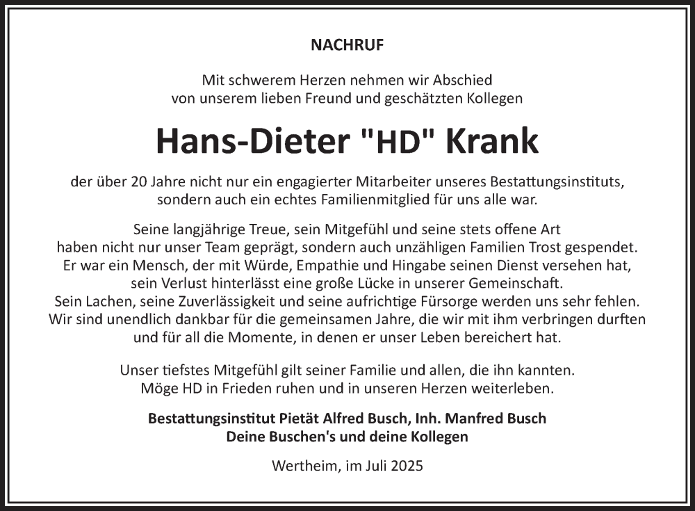  Traueranzeige für Hans-Dieter Krank vom 12.07.2025 aus Fränkische Nachrichten