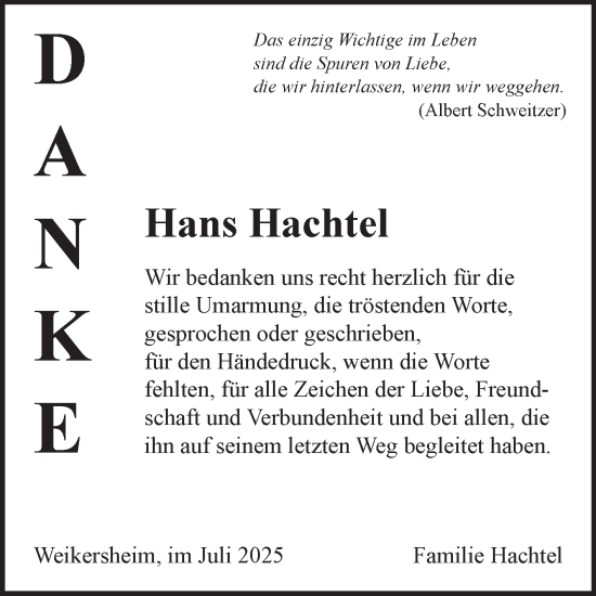 Traueranzeige von Hans Hachtel von Fränkische Nachrichten