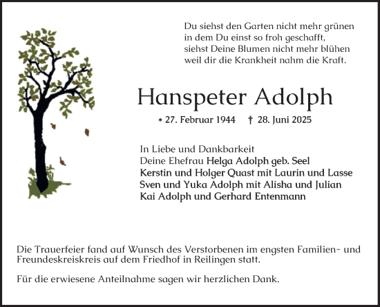 Traueranzeige von Hanspeter Adolph von Schwetzinger Zeitung