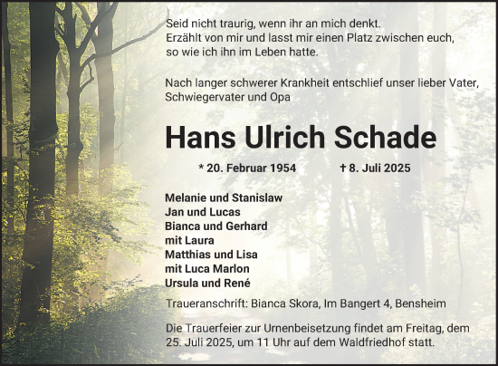 Traueranzeige von Hans Ulrich Schade von Bergsträßer Anzeiger