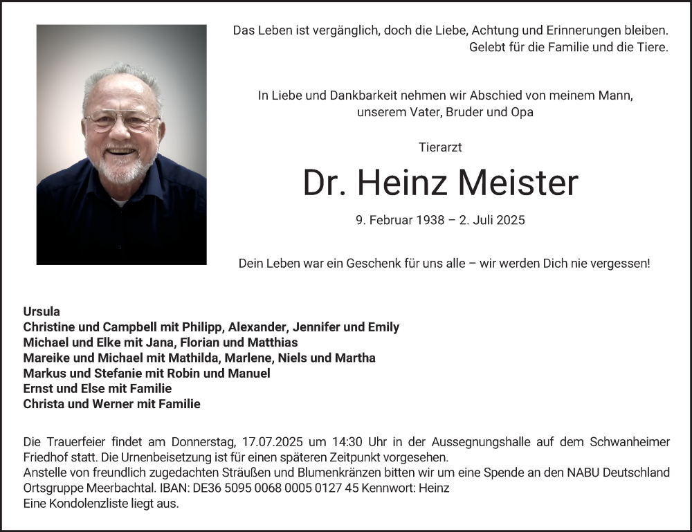  Traueranzeige für Heinz Meister vom 12.07.2025 aus Bergsträßer Anzeiger