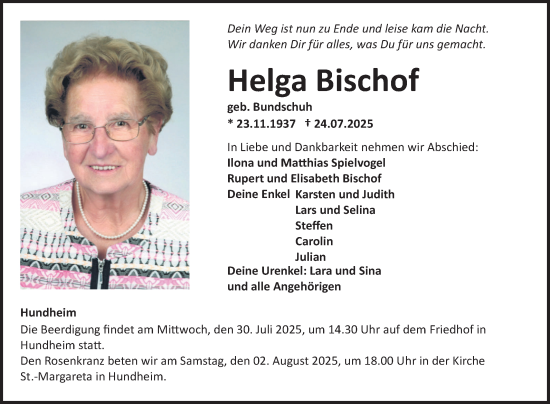 Traueranzeige von Helga Bischof von Fränkische Nachrichten
