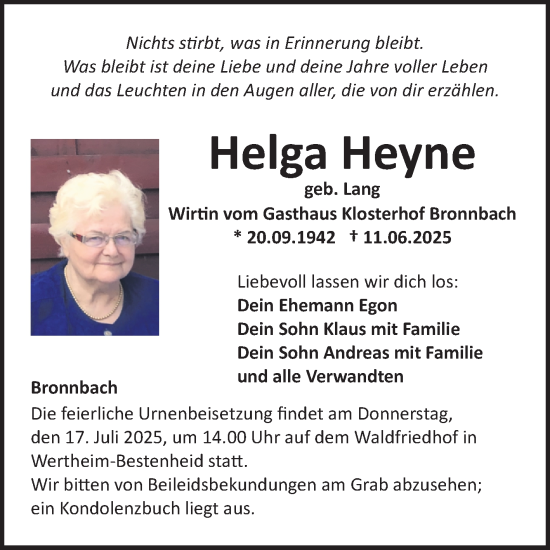 Traueranzeige von Helga Heyne von Fränkische Nachrichten