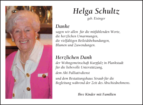 Traueranzeige von Helga Schultz von Schwetzinger Zeitung