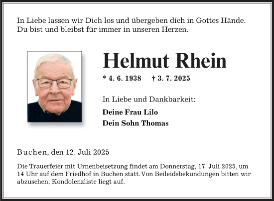 Traueranzeige von Helmut Rhein von Fränkische Nachrichten