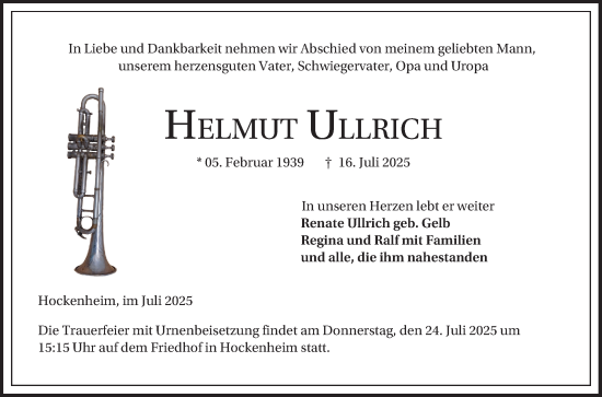 Traueranzeige von Helmut Ullrich von Schwetzinger Zeitung