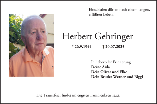 Traueranzeige von Herbert Gehringer von Bergsträßer Anzeiger