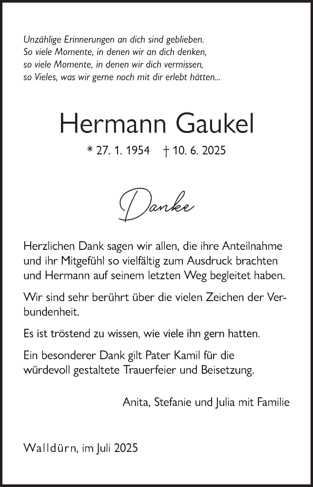  Traueranzeige für Hermann Gaukel vom 19.07.2025 aus Fränkische Nachrichten