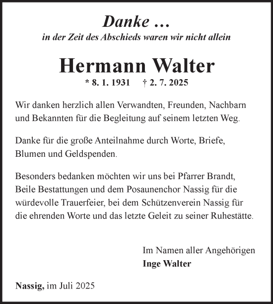 Traueranzeige von Hermann Walter von Fränkische Nachrichten