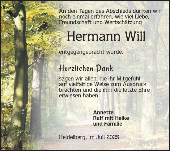 Traueranzeige von Hermann Will von Mannheimer Morgen