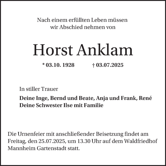 Traueranzeige von Horst Anklam von Mannheimer Morgen