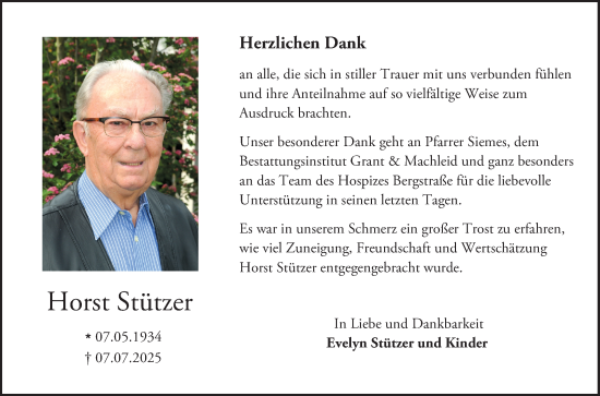 Traueranzeige von Horst Stützer von Bergsträßer Anzeiger
