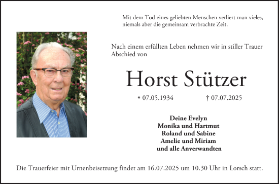 Traueranzeige von Horst Stützer von Bergsträßer Anzeiger