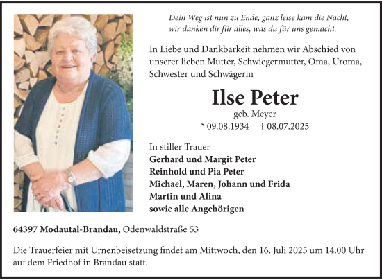 Traueranzeige von Ilse Peter von Bergsträßer Anzeiger