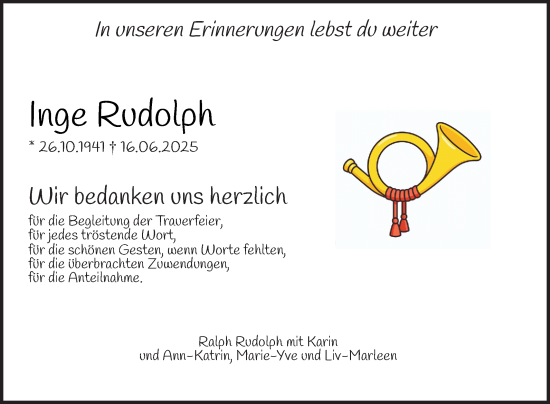 Traueranzeige von Inge Rudolph von Mannheimer Morgen