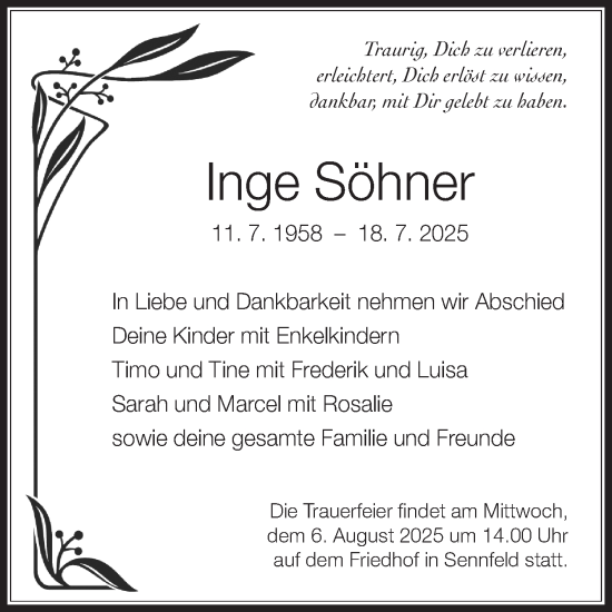 Traueranzeige von Inge Söhner von Fränkische Nachrichten