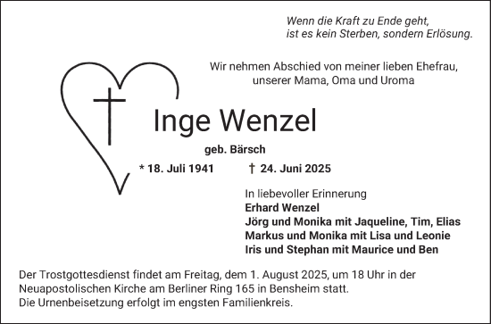 Traueranzeige von Inge Wenzel von Bergsträßer Anzeiger