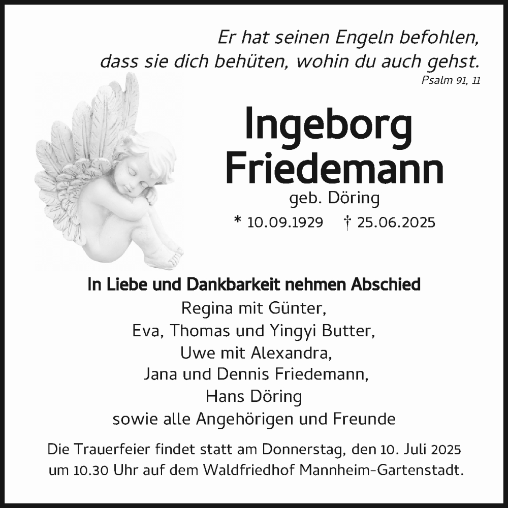  Traueranzeige für Ingeborg Friedemann vom 05.07.2025 aus Mannheimer Morgen