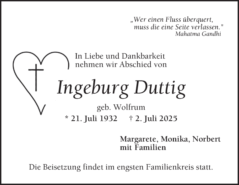  Traueranzeige für Ingeburg Duttig vom 12.07.2025 aus Mannheimer Morgen