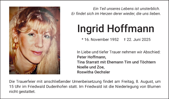Traueranzeige von Ingrid Hoffmann von Schwetzinger Zeitung