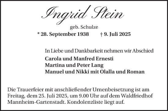 Traueranzeige von Ingrid Stein von Mannheimer Morgen