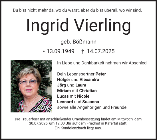 Traueranzeige von Ingrid Vierling von Mannheimer Morgen