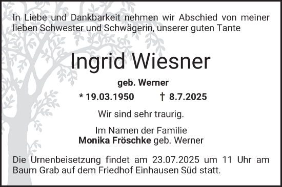 Traueranzeige von Ingrid Wiesner von Bergsträßer Anzeiger