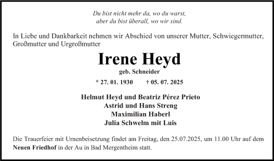 Traueranzeige von Irene Heyd von Fränkische Nachrichten