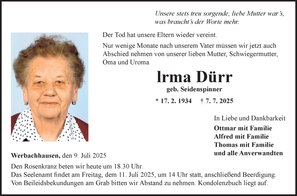  Traueranzeige für Irma Dürr vom 09.07.2025 aus Fränkische Nachrichten