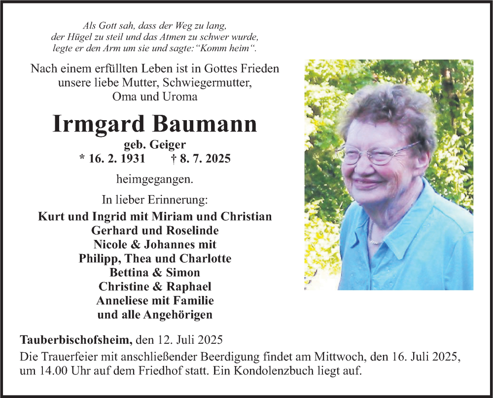  Traueranzeige für Irmgard Baumann vom 12.07.2025 aus Fränkische Nachrichten