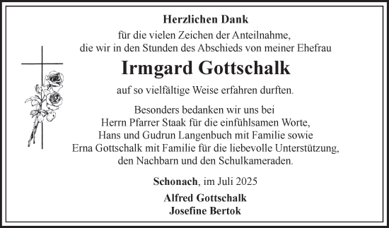 Traueranzeige von Irmgard Gottschalk von Fränkische Nachrichten
