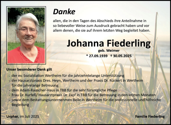 Traueranzeige von Johanna Fiederling von Fränkische Nachrichten