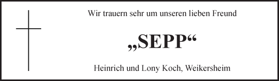 Traueranzeige von Josef Wetzel von Fränkische Nachrichten