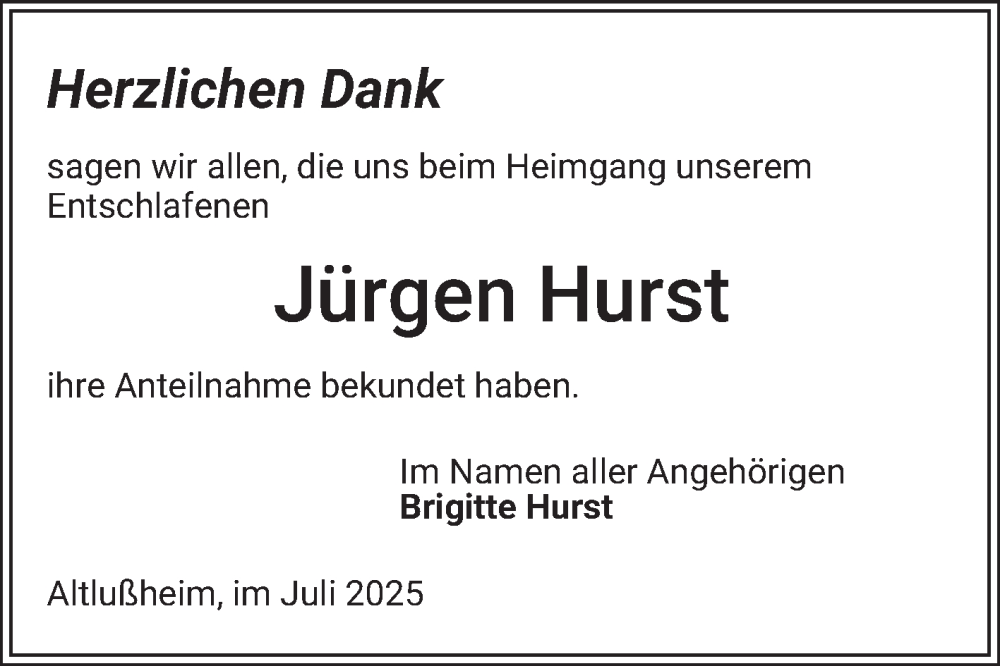  Traueranzeige für Jürgen Hurst vom 07.07.2025 aus Schwetzinger Zeitung