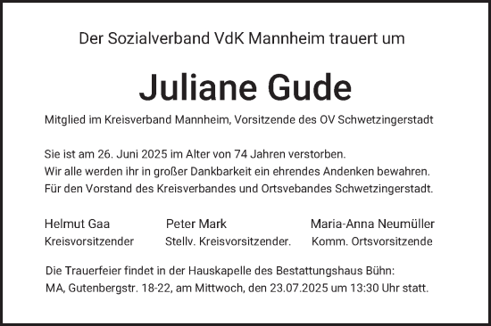 Traueranzeige von Juliane Gude von Mannheimer Morgen