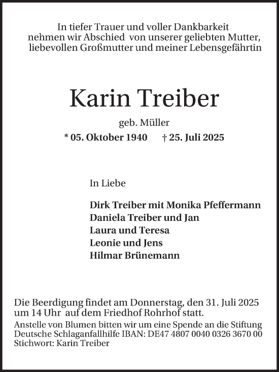 Traueranzeige von Karin Treiber von Mannheimer Morgen