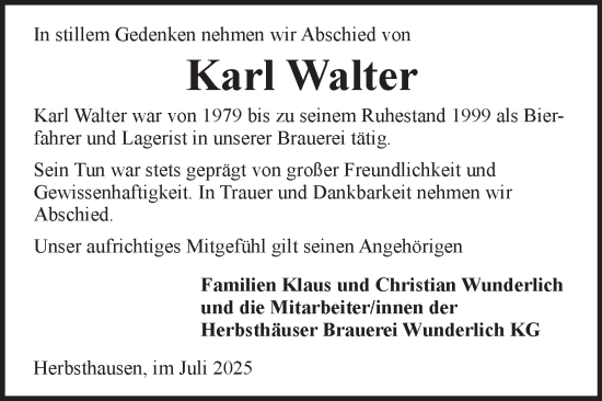 Traueranzeige von Karl Walter von Fränkische Nachrichten