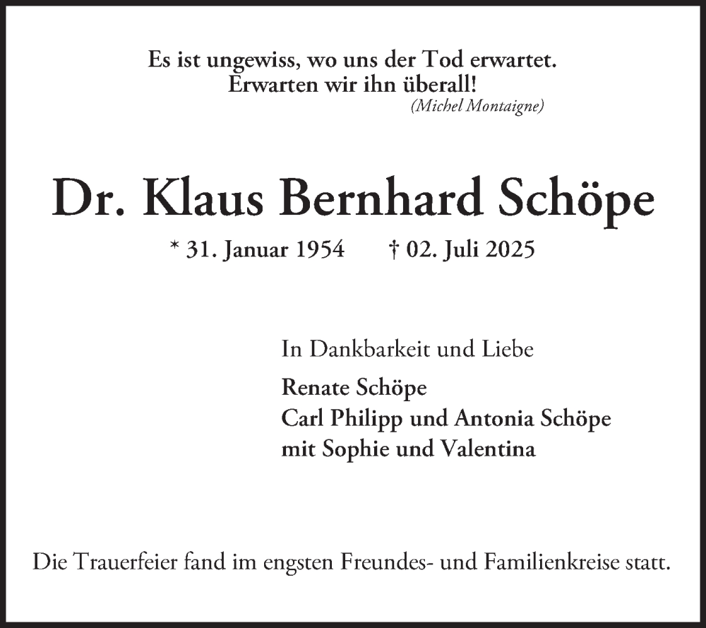  Traueranzeige für Klaus Bernhard Schöpe vom 12.07.2025 aus Mannheimer Morgen