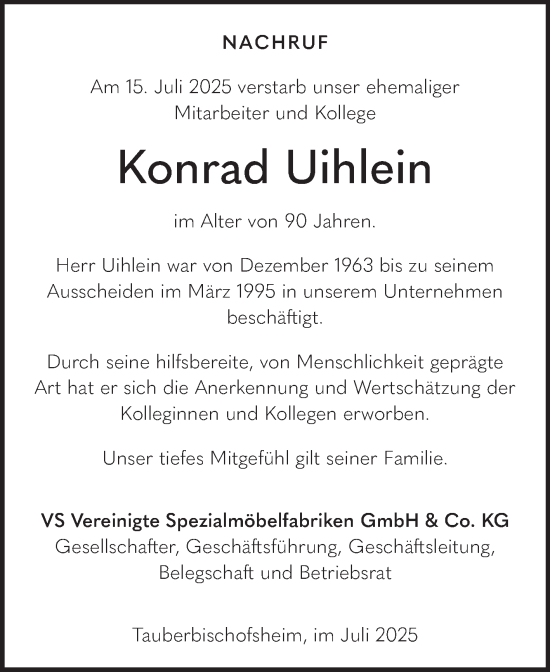 Traueranzeige von Konrad Uihlein von Fränkische Nachrichten