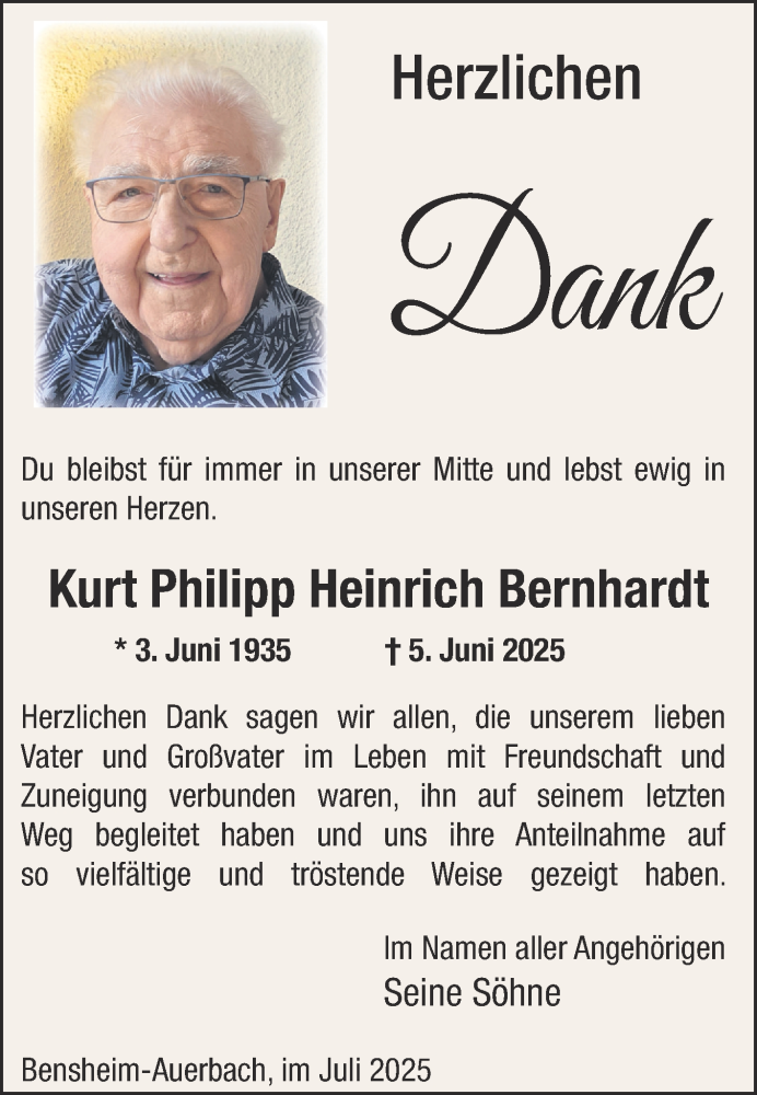 Traueranzeige für Kurt Bernhardt vom 12.07.2025 aus Bergsträßer Anzeiger