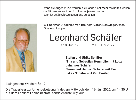 Traueranzeige von Leonhard Schäfer von Bergsträßer Anzeiger