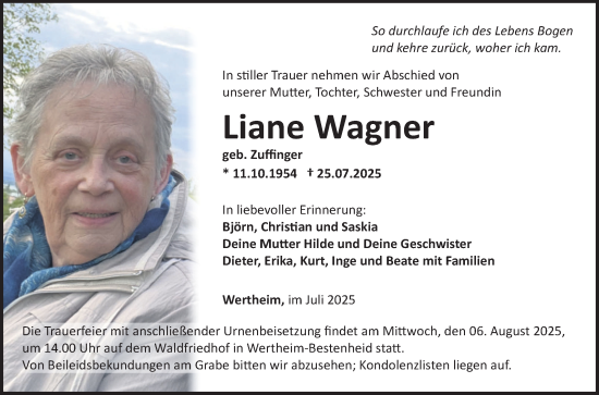 Traueranzeige von Liane Wagner von Fränkische Nachrichten