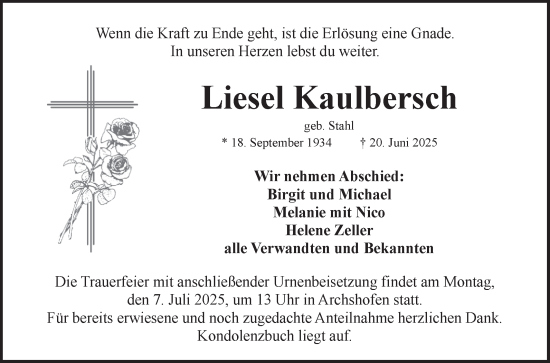 Traueranzeige von Liesel Kaulbersch von Fränkische Nachrichten